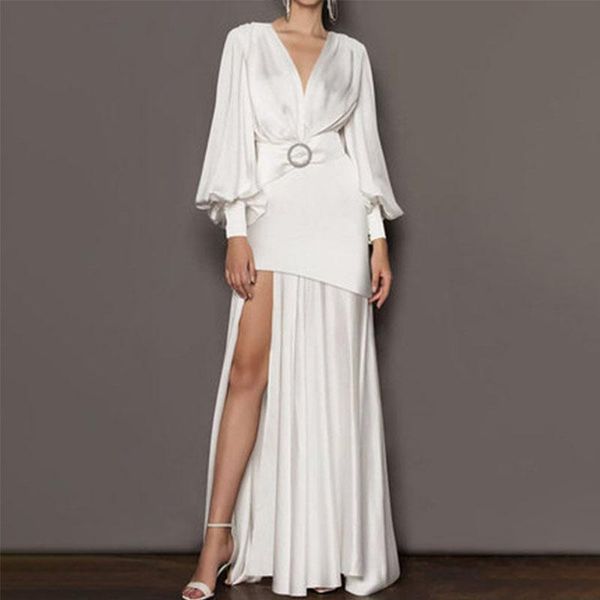 

casual dresses women dress fashion 2021 summer v-neck lantern sleeve solid color stitching high waist split vestido feminino donsignet, Black;gray