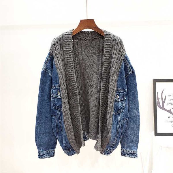 

spring and autumn loose sweater splicing denim jacket women full short knitted cardigan 210615, White