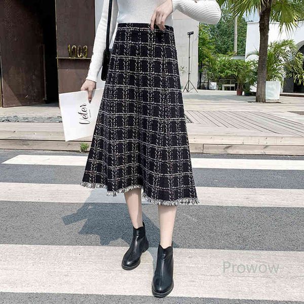 

skirt knitted plaid women elastic waist a-line long high fashion tassel, Black