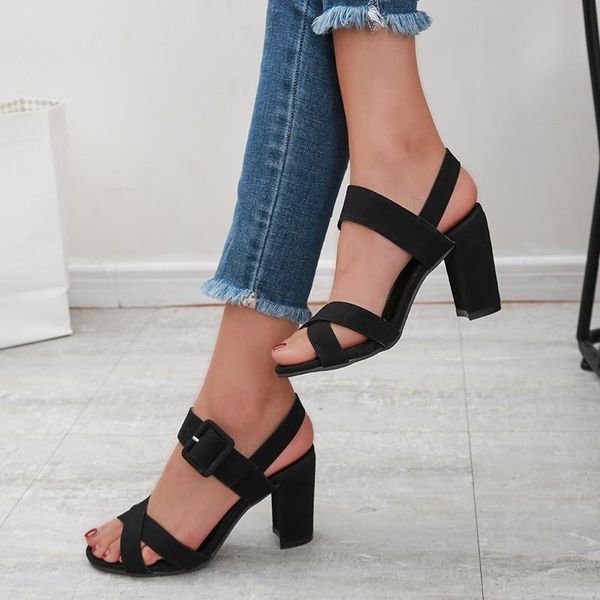 

women sandal buckle strap fashion shoes high heel woman sandalias mujer 2021 summer ladies plus size 35-43 sandals, Black