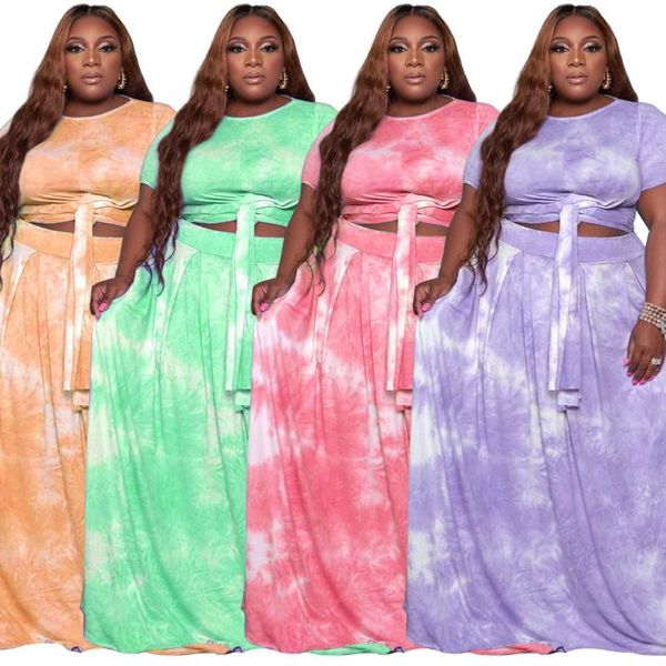 

plus size tracksuits two piece set women summer clothing tie dye fashion streetwear bandage crop maxi skirt suit wholesale drop