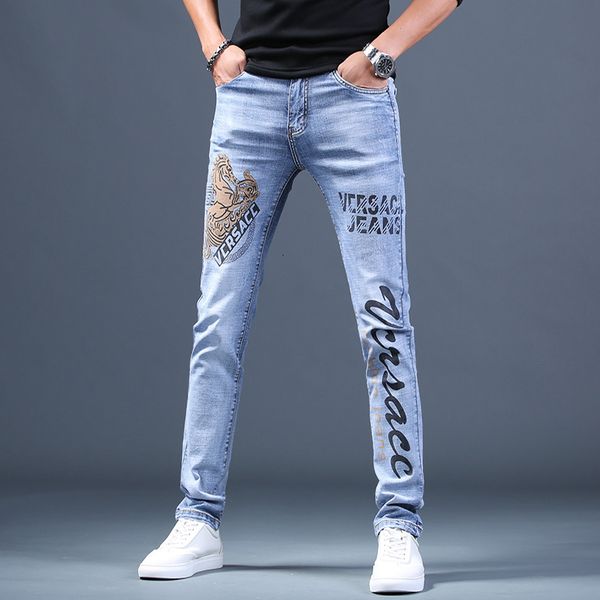 

men's jeans wholesale fashion printed jeans men's brand korean personality trend light blue slim stretch casual pants thin section