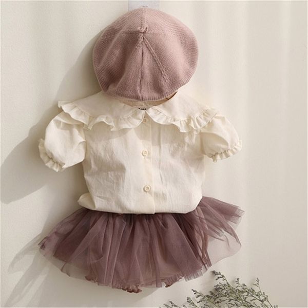 

korean style summer toddlers girls cotton shirts ruffles collar puff sleeve baby kids cute blouses infants clothes 210521, White