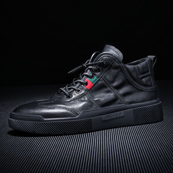 

men's autumn new pure leather high men's black printed elastic lazy shoes