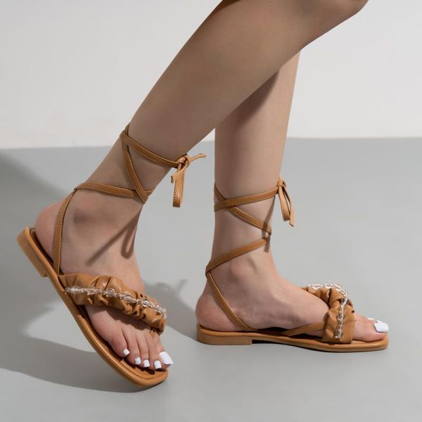 

sandals 2021 summer string beads cross-tied women slippers outdoor flat heel beach slides casual female flip flops ladies sandal, Black