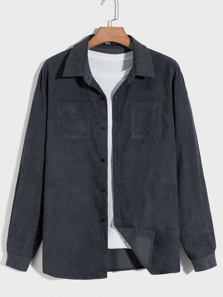 

romwe guys solid corduroy button front shirt y3en#, White;black