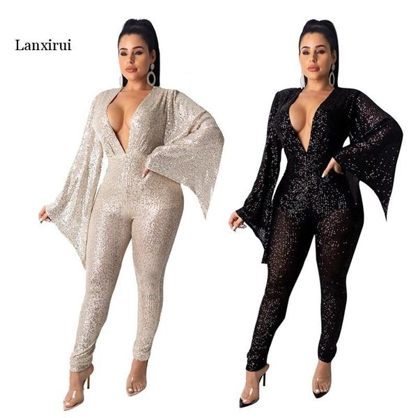 

women's jumpsuits & rompers sequin long sleeve jumpsuit elegant night party womens overalls slim sleeveless female overall streetwear, Black;white