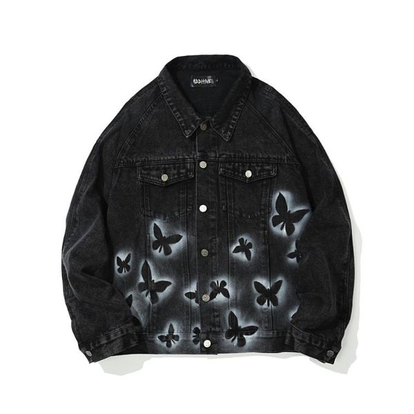 

men's jackets denim butterfly print jacket ins fashion brand bf harajuku trend loose, Black;brown