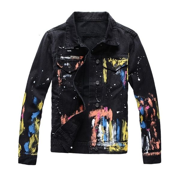 

white autumn new men's off black paint graffiti slim fit denim jacket 420