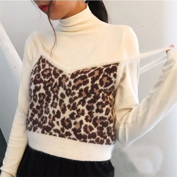 

crop women soft warm leopard vest sleeveless knitted short tank knitwear sweater backless coat femme print 210519, Black;white