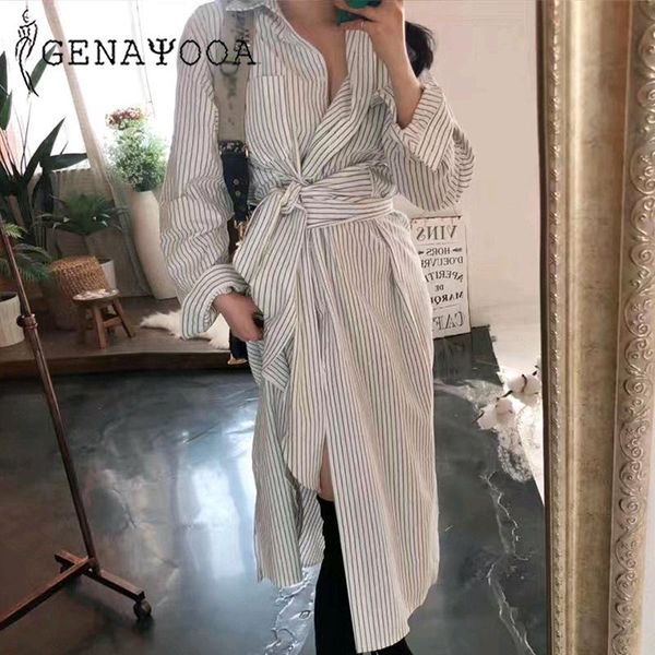 

casual dresses genayooa autumn dress women striped maxi party streetwear vintage long shirt 2021 vestidos, Black;gray