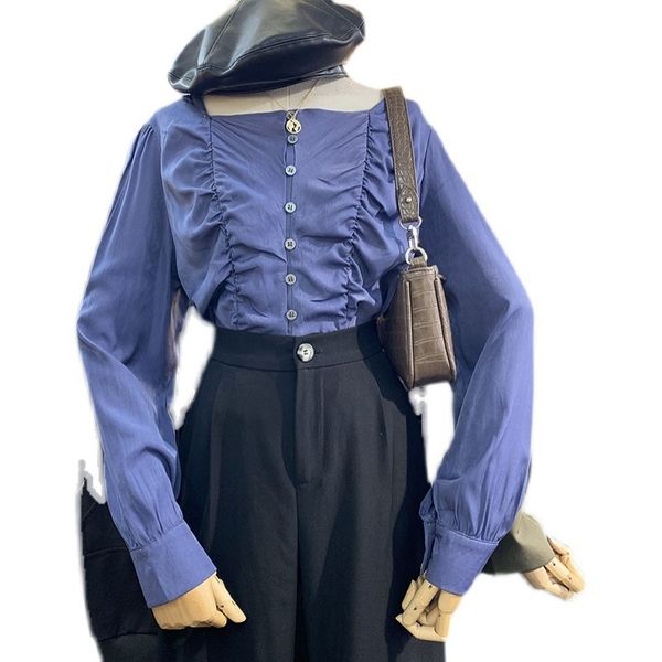 

sweet folds design square collar women shirts blouses puff sleeve blue blusas mujer korean fashion long sleeve womens 210514, White