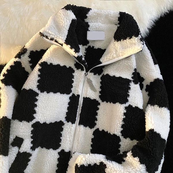 

women's jackets 2021 winter checkerboard lamb velvet cotton oversize zipper jacket tide colorblock for women clothes, Black;brown
