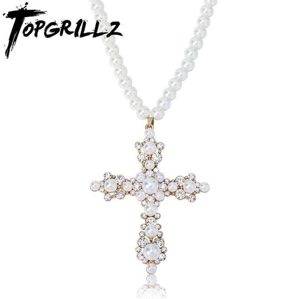 

rillz vintage fashion necklace with white pearl iced out cubic zirconia cross pendant charm jewelry for women, Silver