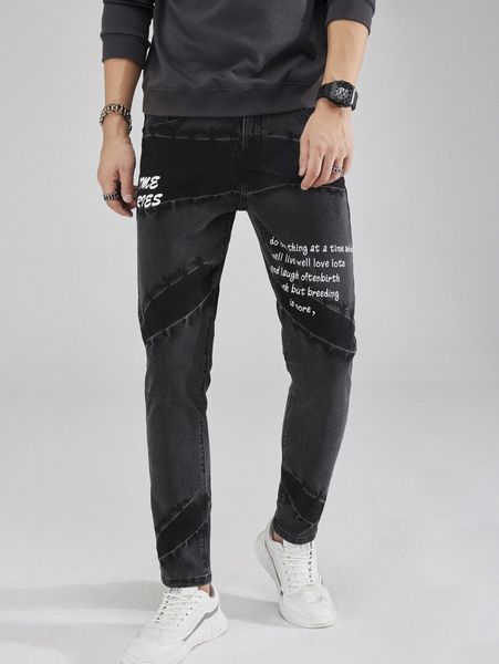 

men slogan graphic tapered jeans d5pd#, Blue