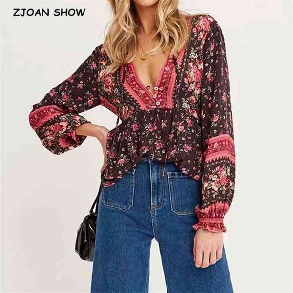 

bohemia bandage open buttons v neck floral print shirt holiday women contrast color long sleeve blouse beach 210429, White