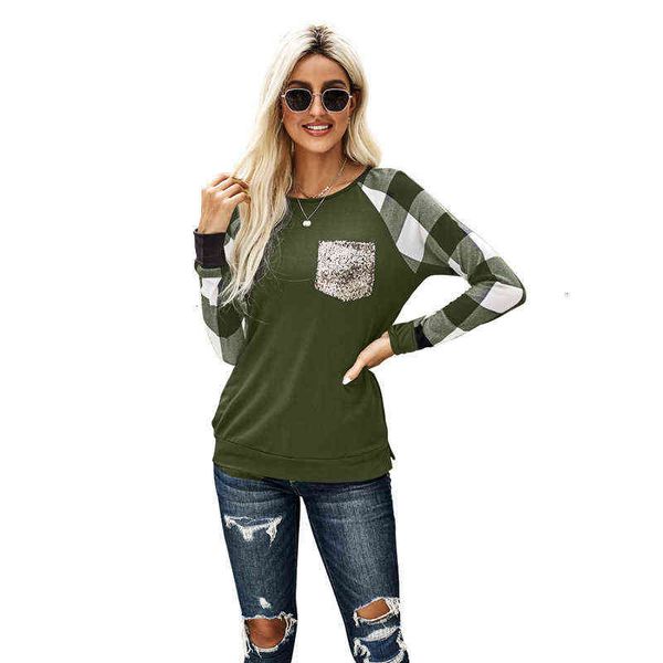 

shiying 2021 autumn women's plaid stitching long sleeve sequin pocket round neck casual sweater women, White;black