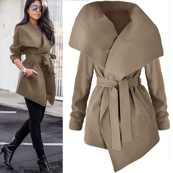 

women's trench coats 2021 spring autumn women lapel belt coat elegant lace up woolen long outerwear windbreaker cardigan overcoat, Tan;black