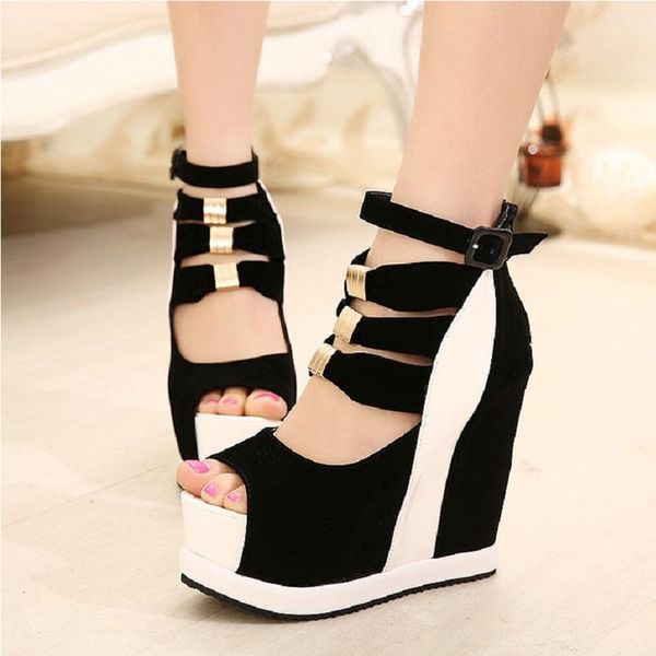 

summer women sandals gladiator high heels wedges ladies shoes fashion peep toe mixed color platform nightclub, Black