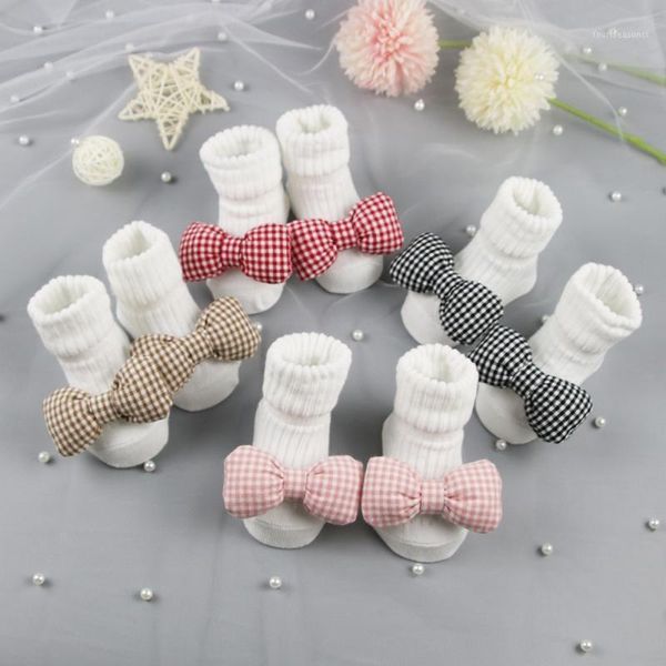 

socks born girl boy cute plaid bowtie cotton infant anti-slip warm floor medium tube knitted1, Pink;yellow