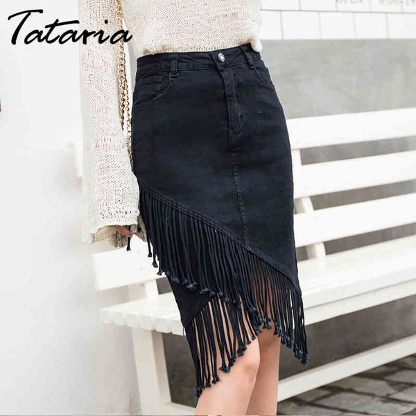 Tataria Tassel Gonna di jeans irregolare Donna Vita alta Personalità di qualità Al ginocchio Elegante Ufficio s 210514