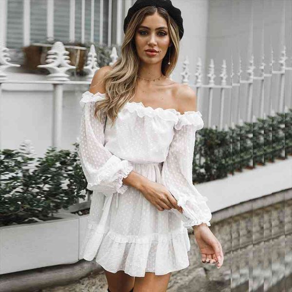 

dot printed autumn women dress off shoulder ruffles long sleeve a line robe femme ete, Black;gray