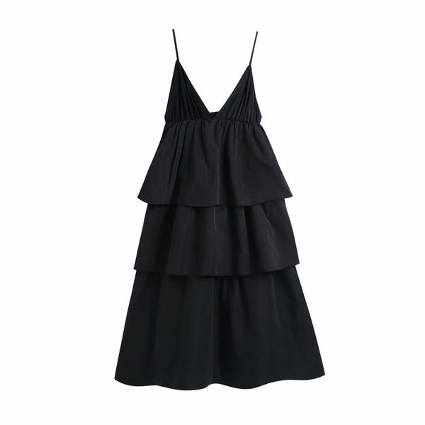 

woman black spaghetti strap cascading ruffles dress spring fashion soft v neck es feamle elegant party 210515, Black;gray