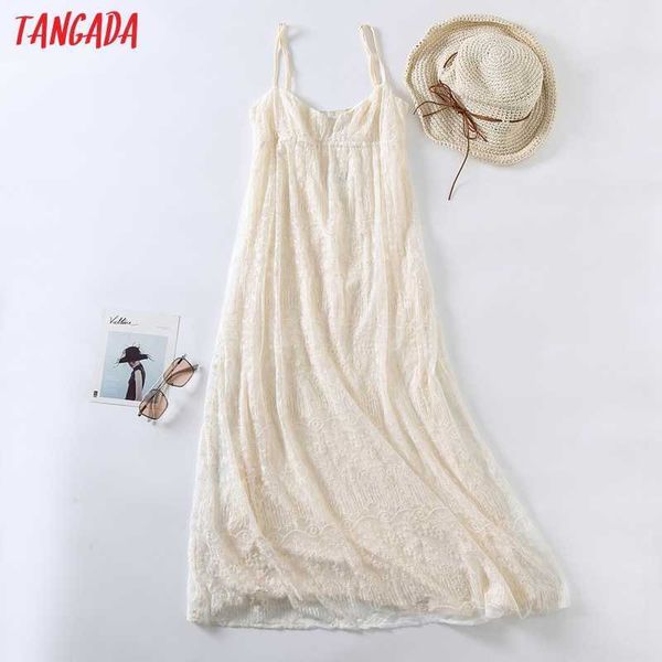 

tangada women beige lace embroidery romantic dress sleeveless females long dresses vestidos 6h79 210609, Black;gray