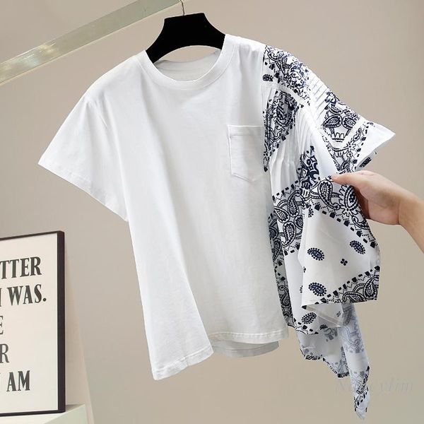 

women's t-shirt personalized side chiffon irregular ruffles stitching short sleeve women fashion loose tees white blue nancylim