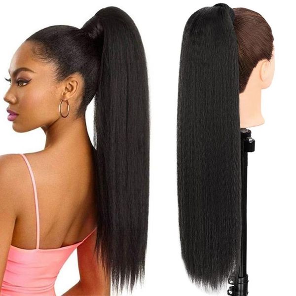 

synthetic wigs azir long afro puff ponytail hair kinky natural straight drawstring ponytails with clip elastic band, Black