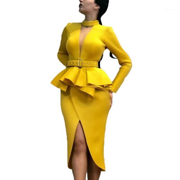 

casual dresses summer women dress ladies elegant long sleeve v-neck waisted party cocktail business office solid belt sheath midi, Black;gray