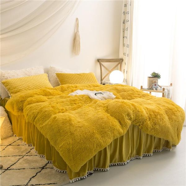 

bedding sets luxury plush shaggy mink velvet duvet cover set quilted pompoms fringe ruffles bed skirt pillowcases princess girl