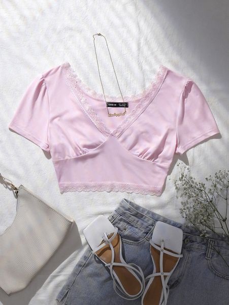 

lace trim tie back crop tee e2il#, White
