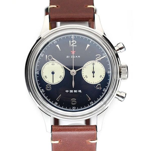 

brand red star 1963 38mm chronograph watch men dark blue dial 1901 movement mechanical watches pilots 21 zuan wristwatches, Slivery;brown