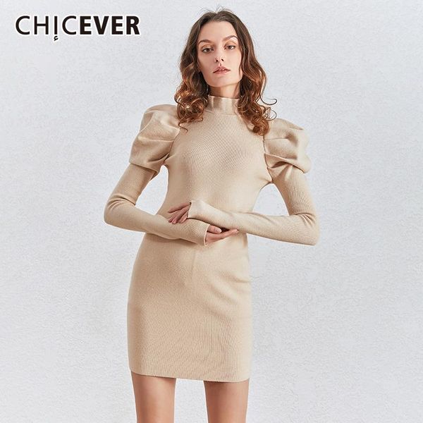 

casual sheath dress for women turtleneck puff long sleeve high waist slim bodycon mini dresses female 2021 fall clothes, Black;gray