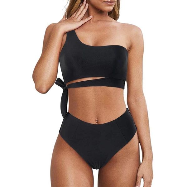 

bikinis set women 2021 one shoulder swimwear high waist swimsuit bandage bathing suits beach wear biquini female #g3 women's, White;black