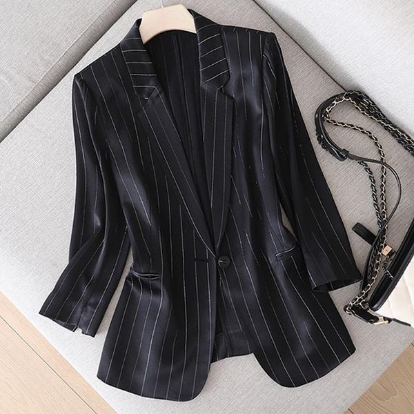 

women's suits & blazers 2021 imitation triacetate high-end bright silk striped suit women spring and summer korean fashion thin casual, White;black