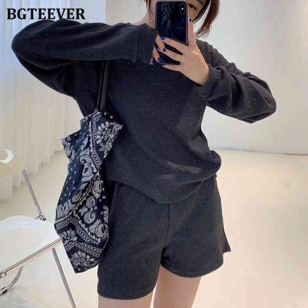 

tracksuits casual loose female 2 pieces set autumn o-neck solid sweatshirts & elastic waist short pants women tracksuits 91de, Gray