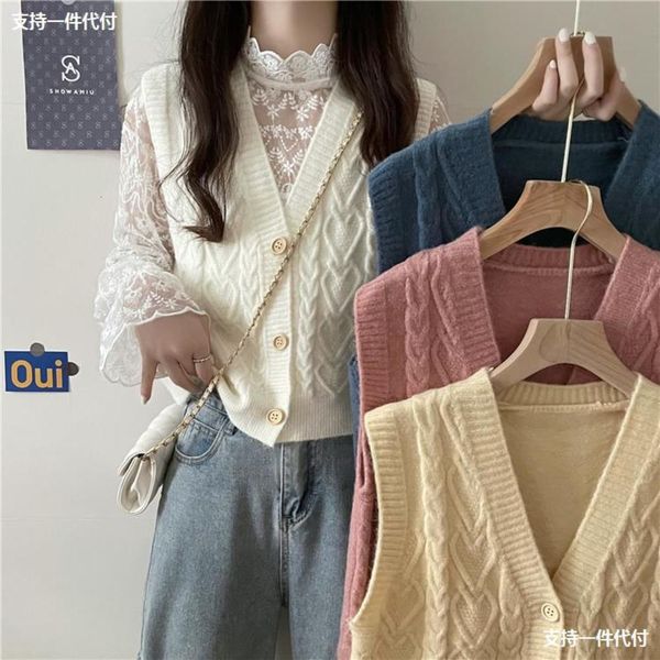 

small vest with knitted autumn women's clothes, folding waistcoat, sweater, White