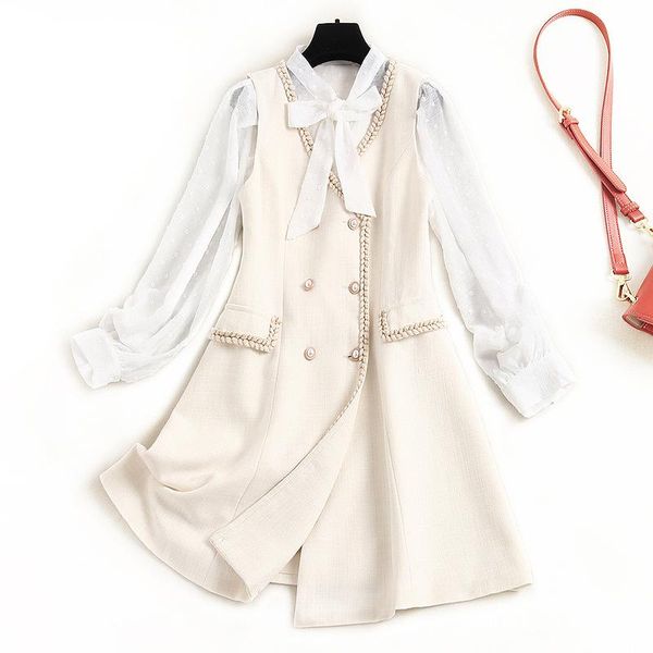 

casual dresses european-style women's long sleeve vintage dress elegant with small fragrance 2021 autumn v-neck lace-up shirt 9874, Black;gray