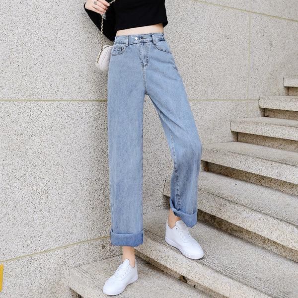 

autumn/winter jeans women wide legs spring high waist slim straight tube hyun-a kim loose drape mop the floor daddy pants women's, Blue