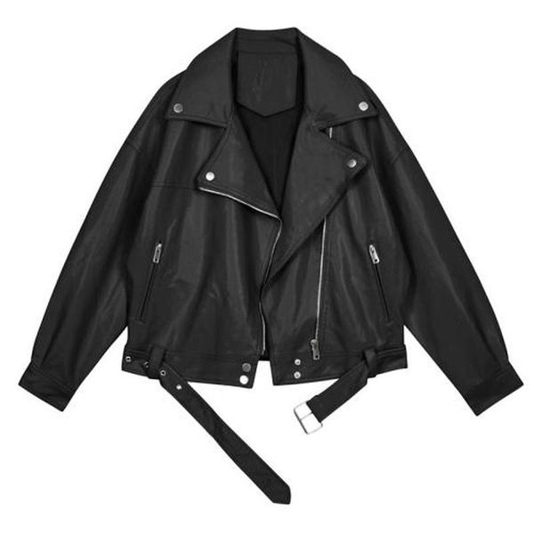 

women's leather & faux 2021 spring autumn women pu motorcycle jacket female fashion sashes outercoat solid loose casual coat, Black