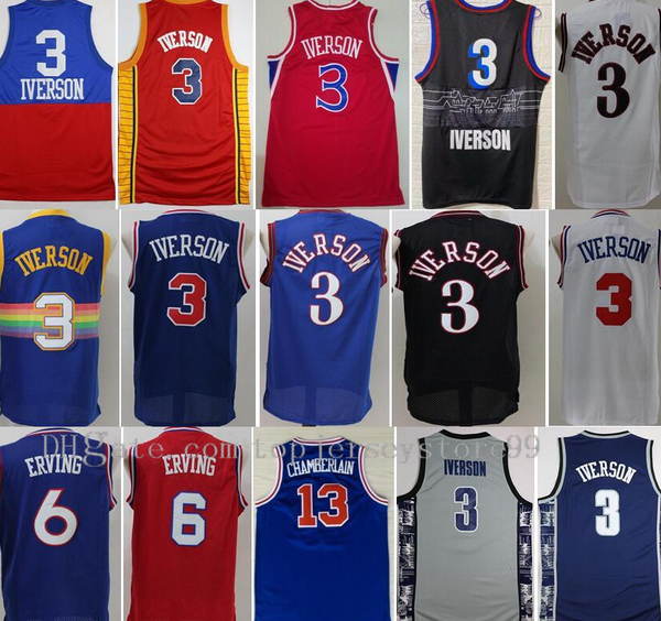 

new stitched georgetown hoyas college allen iverson jerseys 3 men basketball dr j julius erving 6 wilt chamberlain 13 blue black white red, Black;red