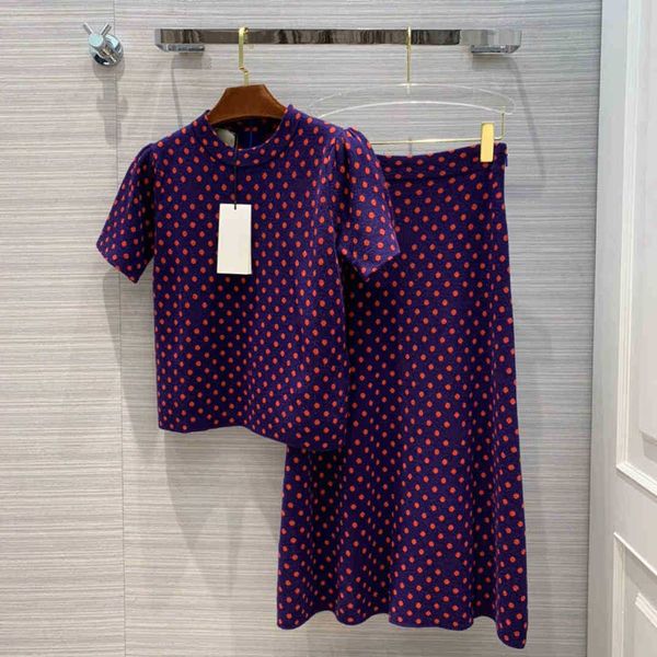 

two piece dress ladies skirt 100% wool knitted 2 set women vintage high-end runway o-neck short sleeve polka dot and long skirt slim suit 9d, White