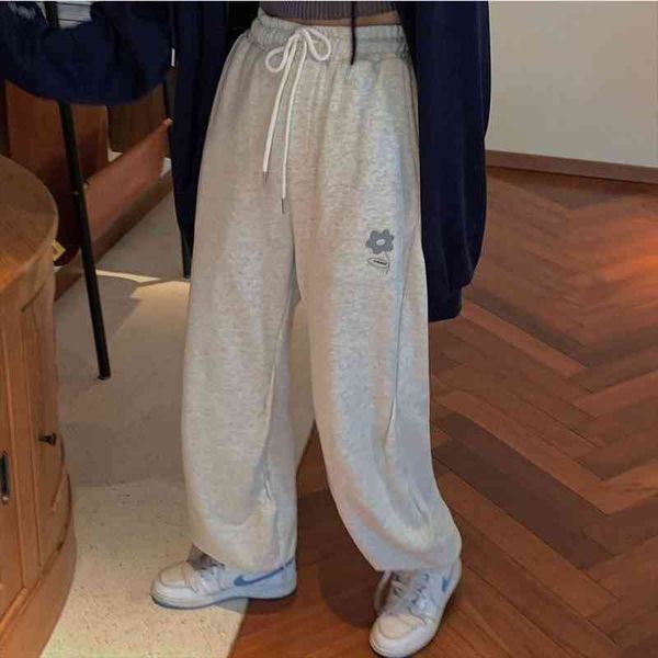 

qweek korean fashion gray jogging sports pants women baggy kawaii floral oversize joggers sweatpants wide trousers for female, Black;white