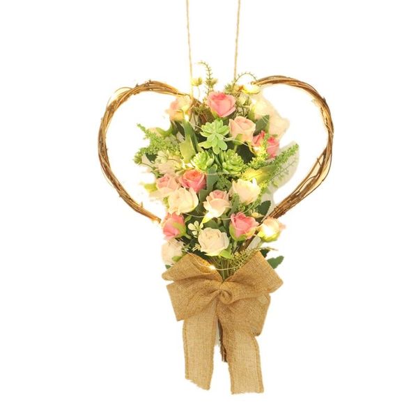 

heart-shaped wreath simulation rose flower wreath wall hanging pendent door wedding props for home with light