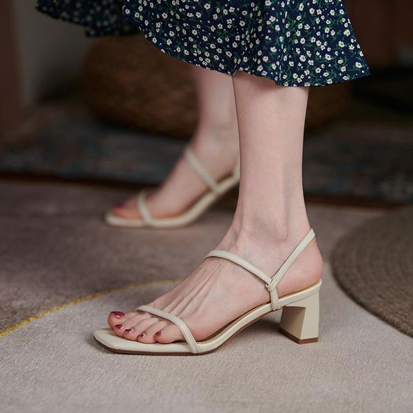 

dress shoes donna-in 2021 women's sandals luxury genuine leather square open toe thick heels summer fashion elegant buckle, Black