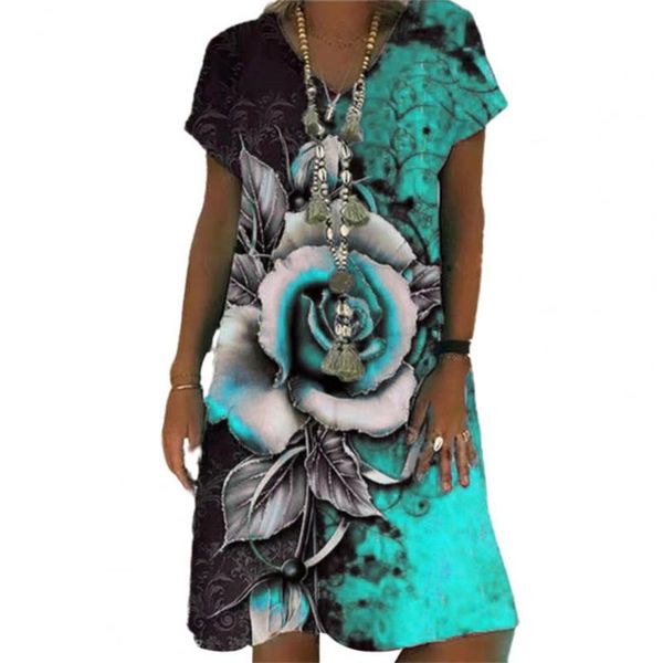 

casual dresses plus size women dress vintage clothing short sleeve loose ladies rose printing beach summer, Black;gray