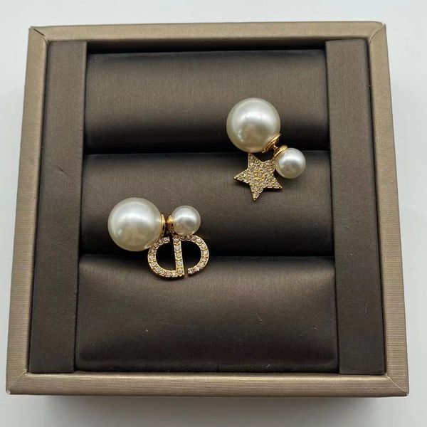 

design jewelry new letter pentagram inlaid with full diamond asymmetric pearl earrings female 925 silver needle, Golden