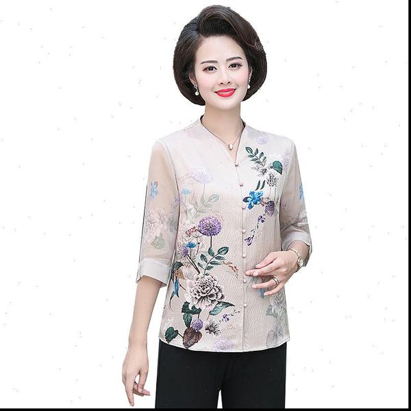 

middle women shirt aged mother shirts plus size spring summer chiffon silk blouse v neck blusa feminina cardigan y69, White